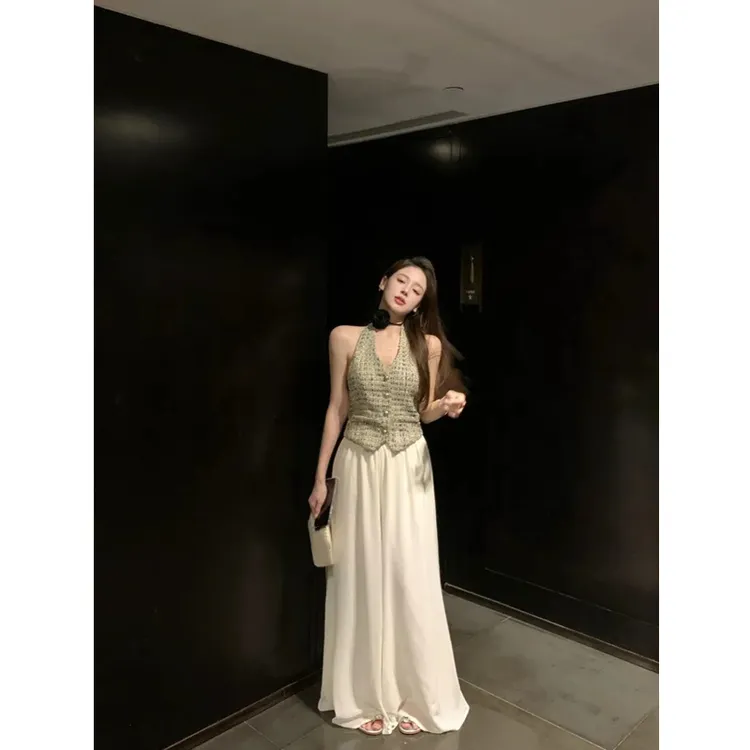 小香风套装女编织无袖挂脖马甲背心女夏季高级感阔腿裤长裤两件套