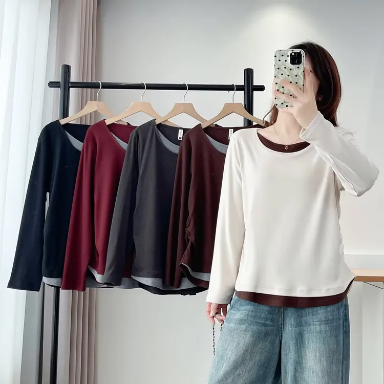 胖MM大码女装 显瘦圆领长袖常规假两件长袖T恤设计感时尚打底衫