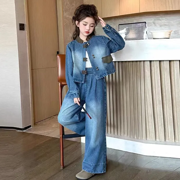 (简))女童新中式牛仔套装春秋2025新儿童洋气时髦女孩春季女大童