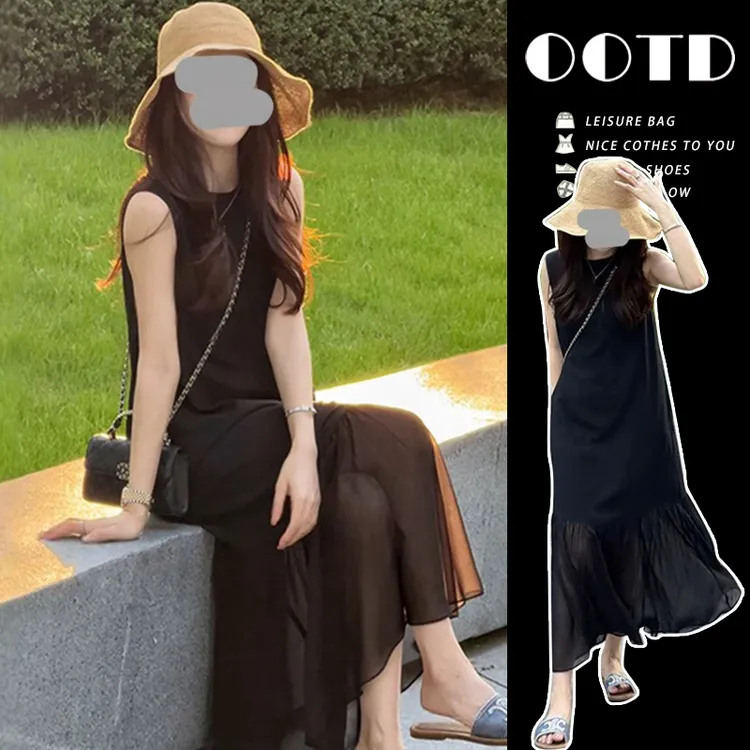 孕妇装夏装休闲赫本风复古拼接无袖长裙2025新款高级感气质连衣裙