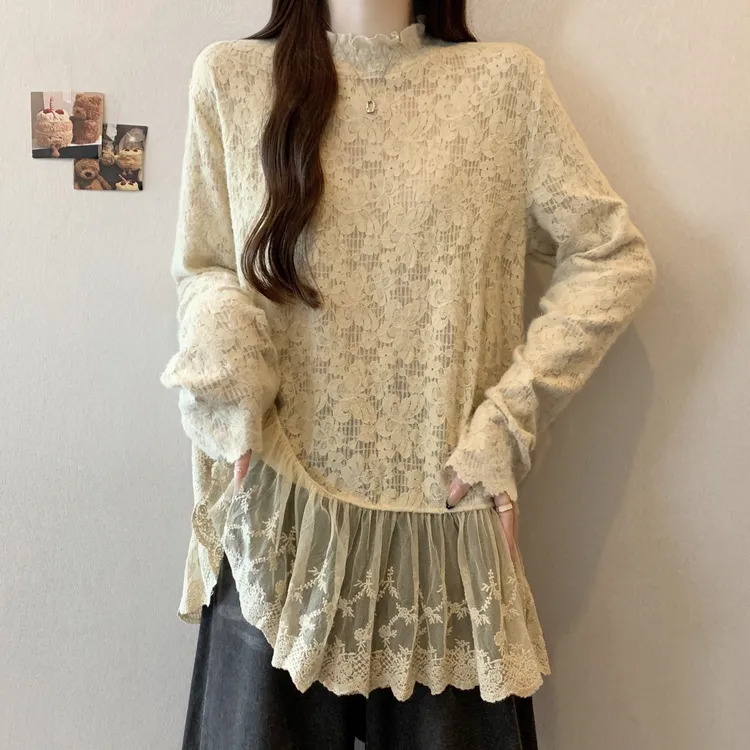 大码女装韩系镂空半高领叠穿蕾丝衫秋冬胖mm简约风宽松显瘦打底衫