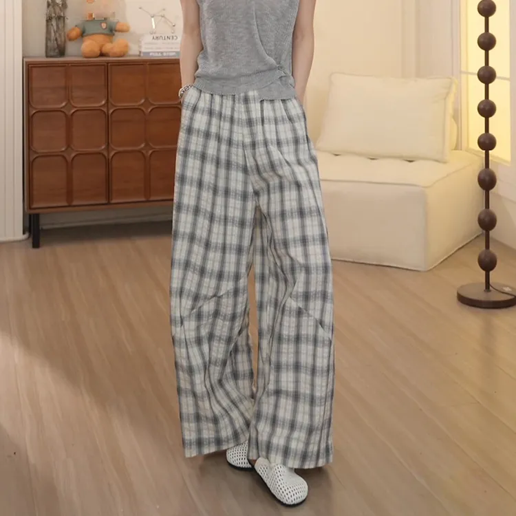 美式复古格子阔腿休闲裤女2025夏季新款宽松显瘦百搭直筒长裤子