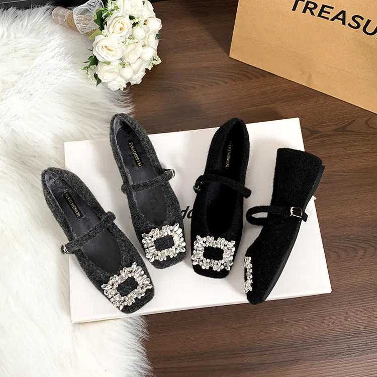 气质玛丽珍鞋女加绒法式晚风方头水钻内增高毛毛鞋女冬外穿单鞋