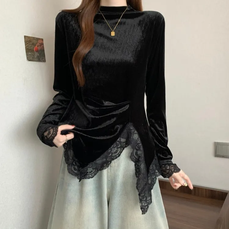 不规则金丝绒内搭打底衫T恤秋冬大码女装胖mm高级感蕾丝洋气上衣