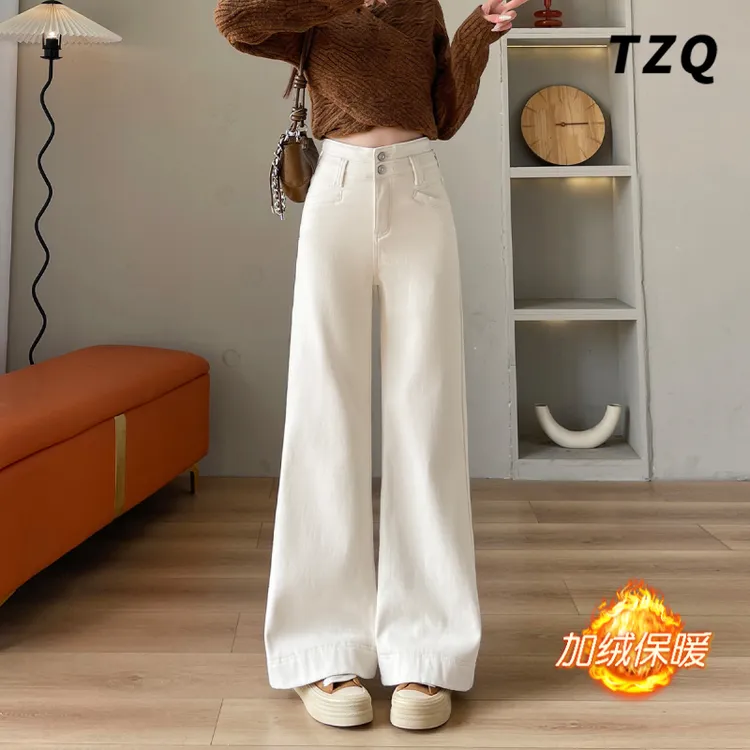 小个子秋冬加绒宽松阔腿微喇牛仔裤女款2025高腰显瘦九分喇叭裤子