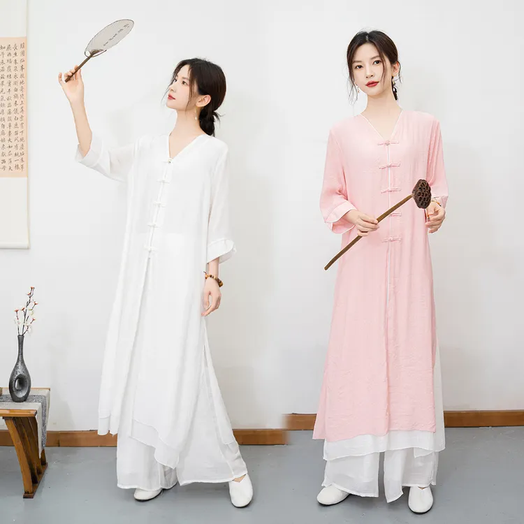 春夏新中式复古盘扣国风连衣裙开衫国风禅茶服套装太极服瑜伽服女