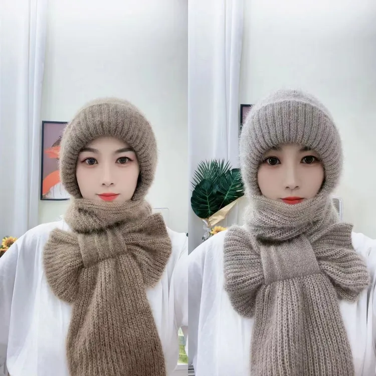 帽子女秋冬新款加绒加厚时尚毛线帽围巾一体保暖男女网红针织骑车