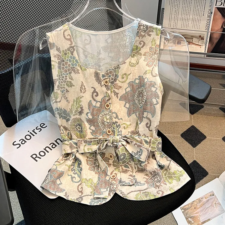 法式复古国风印花无袖衬衫女士2025夏季新款时尚收腰马甲背心上衣