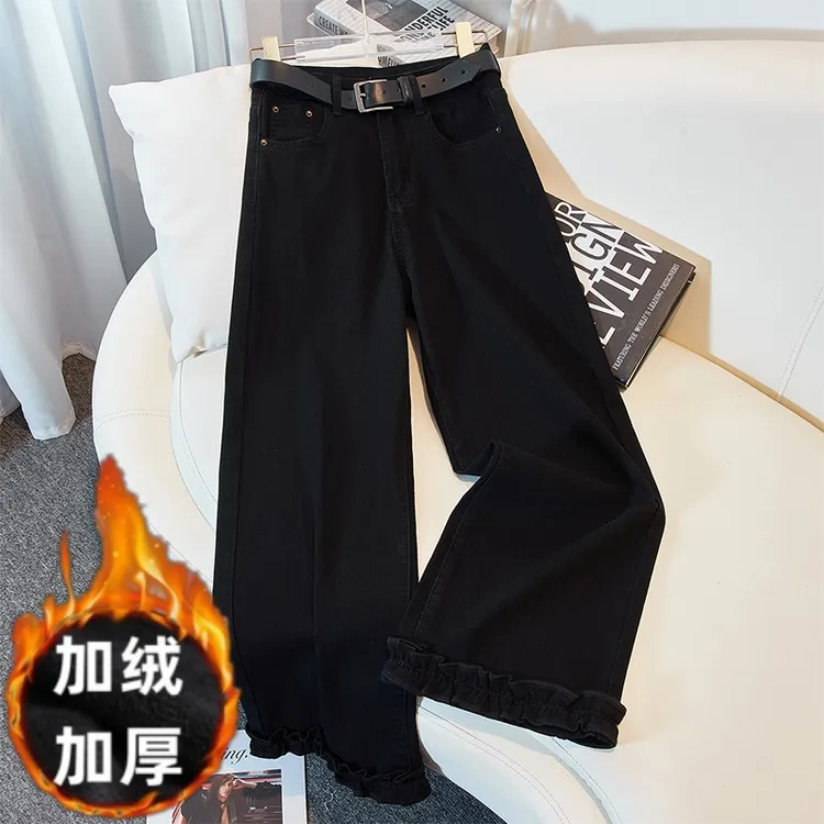 显瘦保暖秋冬弹力牛仔加绒加厚小个子休闲直筒裤女木耳边裤子3335