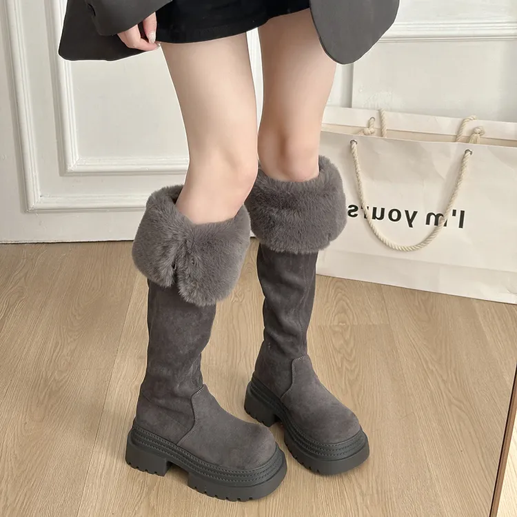 2025年冬季新款复古西部靴女加绒过膝长靴灰色长筒靴雪地靴骑士靴