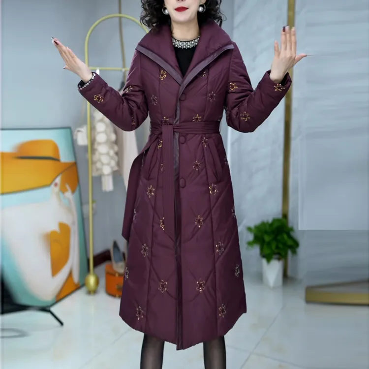 高级重工刺绣中长款时尚棉服2025年秋冬夹棉加厚保暖中年妈妈棉衣