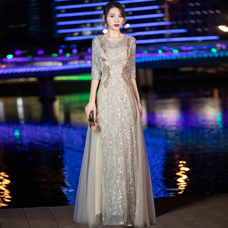晚礼服女2025新款春夏宴会气质名媛亮片名媛主持人端庄大气连衣裙