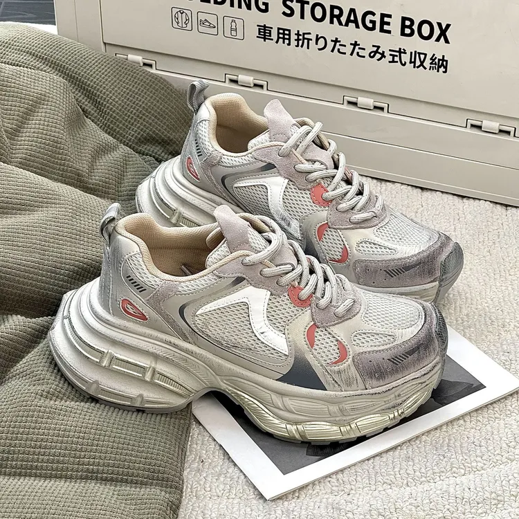 欧洲站2025年新款真皮网面老爹鞋女厚底增高百搭透气休闲运动女鞋