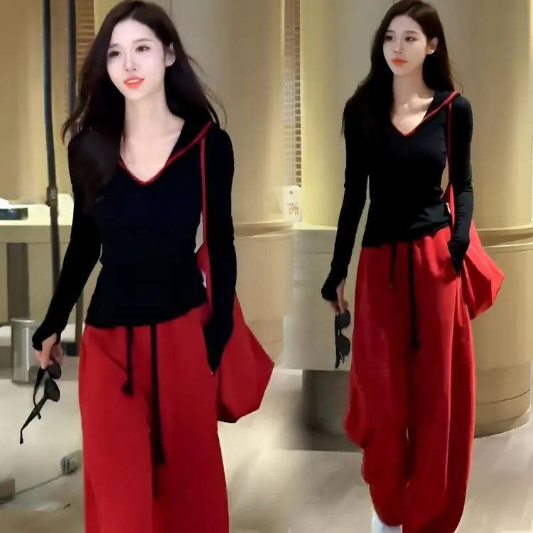 时尚套装女修身秋季新款长袖连帽短款卫衣上衣休闲阔腿裤两件套