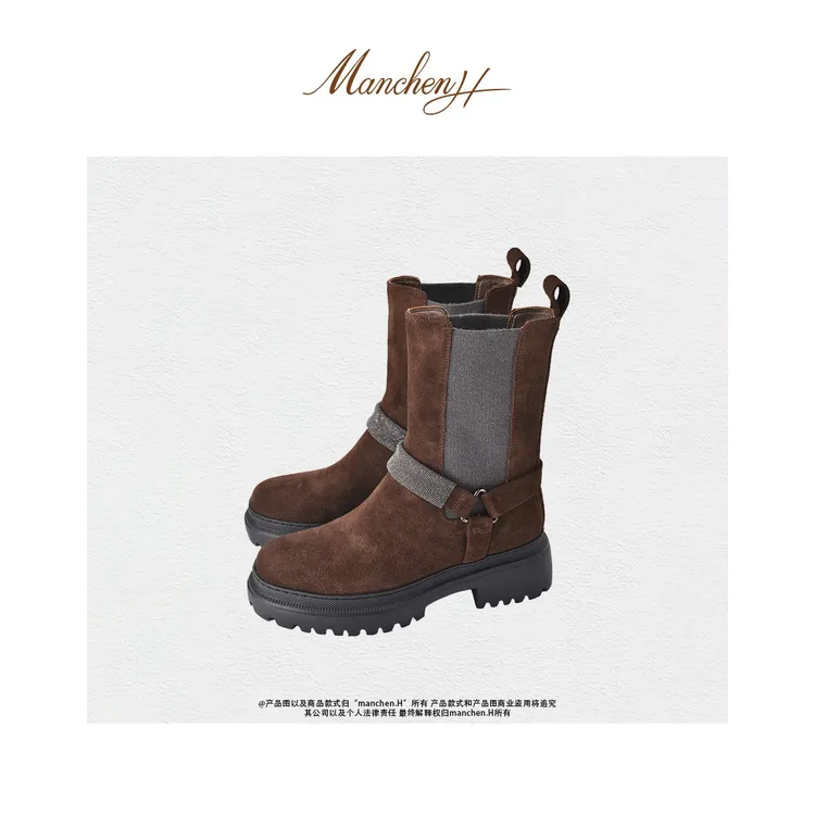 曼辰manchenh"旷野之息"进口丝光牛反绒手工钉珠马丁靴（跟高5cm）