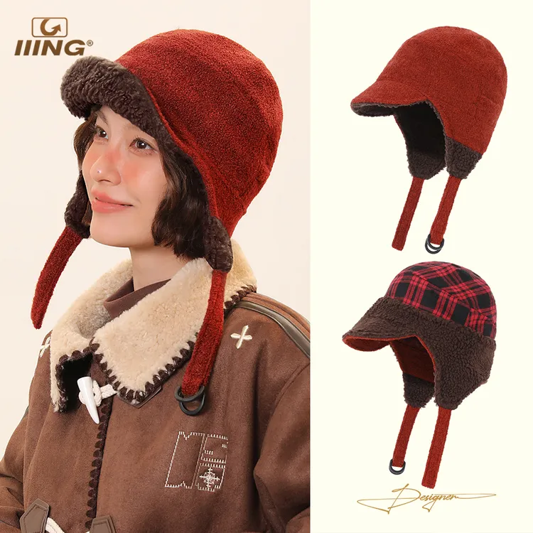IIING帽控 羊羔毛飞行帽双面戴护耳鸭舌帽女秋冬保暖显脸小雷锋帽