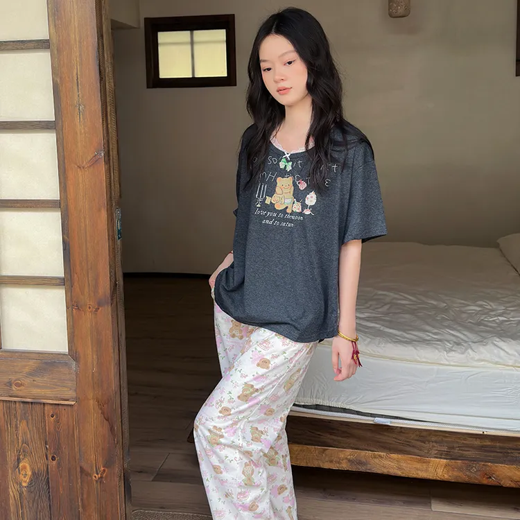 可外穿睡衣女春夏季纯棉薄款短袖长裤日系甜美可爱休闲家居服套装