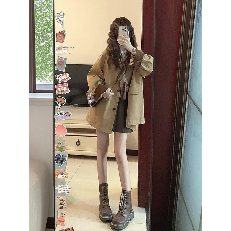 韩系英伦风格纹拼接风衣外套女秋季新款高级感气质百搭卡其色上衣