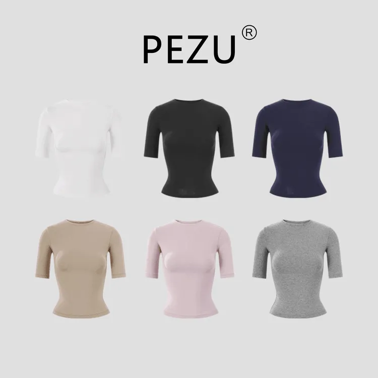 PEZU2026新款修身显瘦基础小圆领中袖修身正肩T恤女百搭纯色上衣商品图
