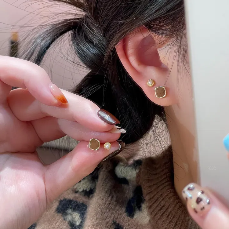 铜合金耳饰 几何方形咖色耳钉四件套气质时尚轻奢耳环美拉德耳饰