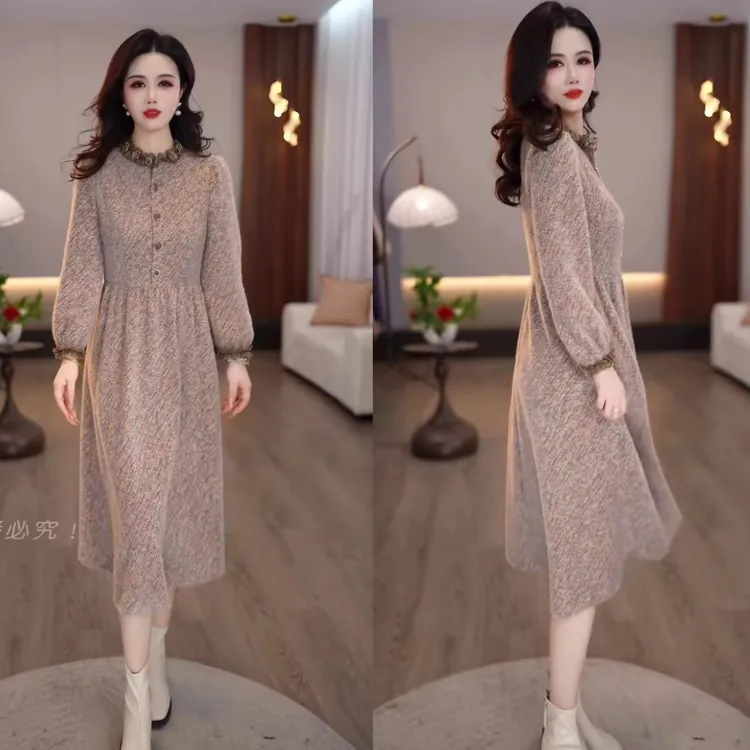 2025冬款杏色时尚精致优雅洋气复古气质修身收腰显瘦连衣裙M-4XL