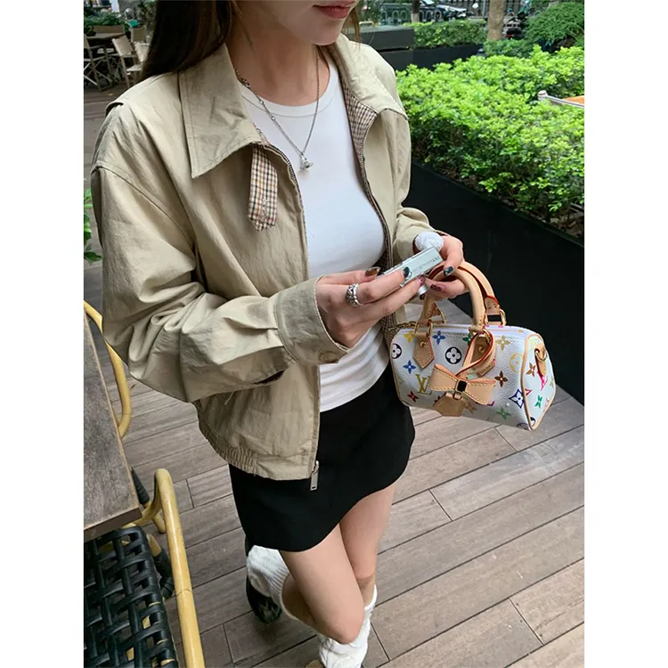 格纹两面穿翻领夹克外套女秋季新款复古短款长袖拉链工装上衣ins