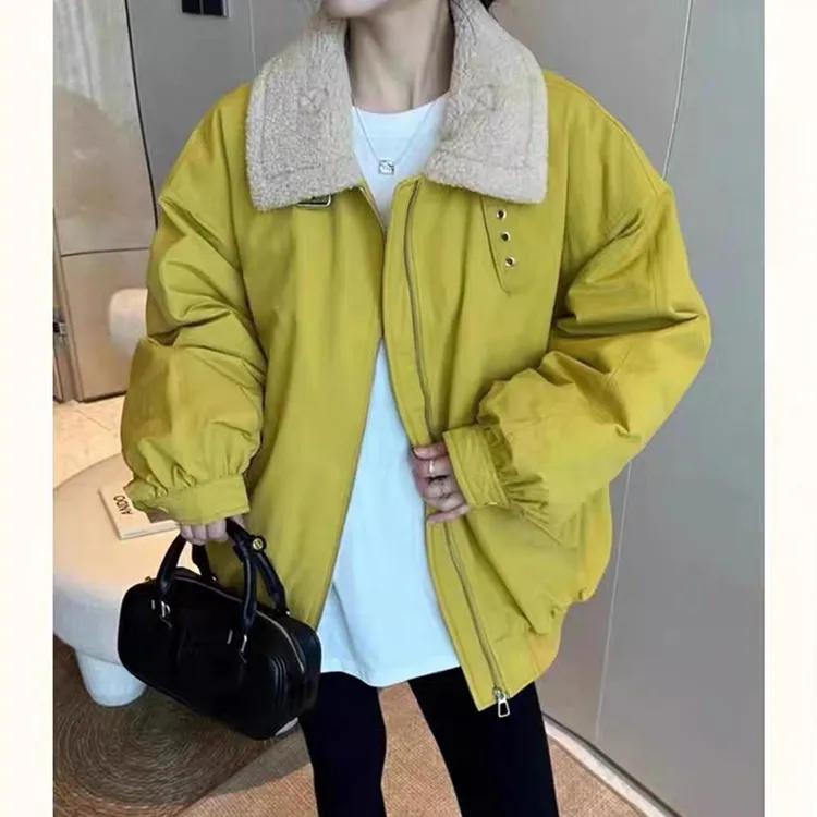 羊羔毛拼接工装羽绒服女2025冬新款加厚保暖休闲羽绒外套 5986