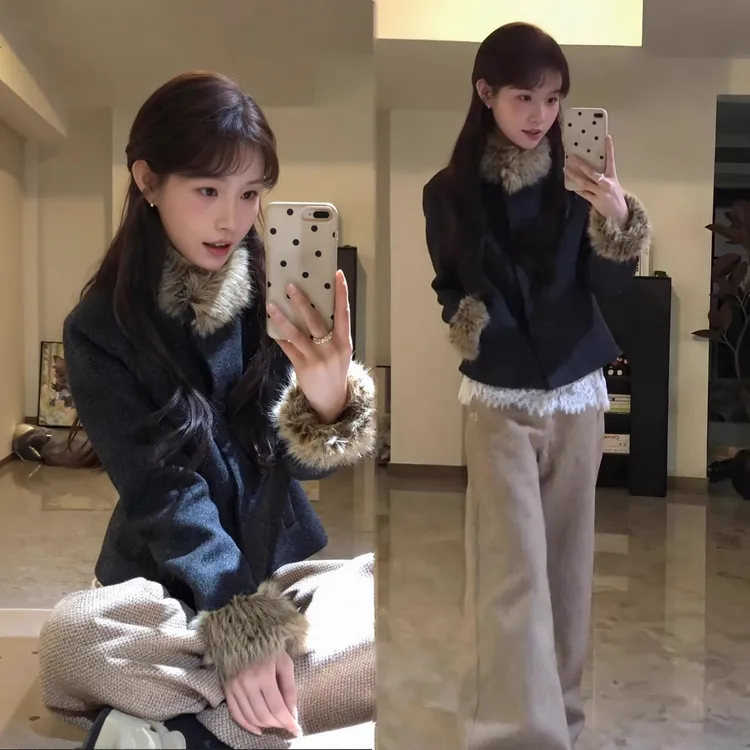 2025冬季新款韩系复古蕾丝打底衫毛呢外套女搭配休闲裤气质三件套