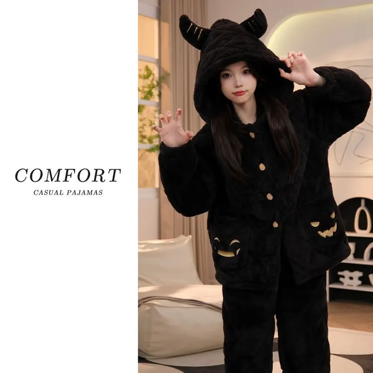 加绒加厚三层夹棉2025新款秋冬季睡衣女珊瑚绒保暖连帽家居服套装