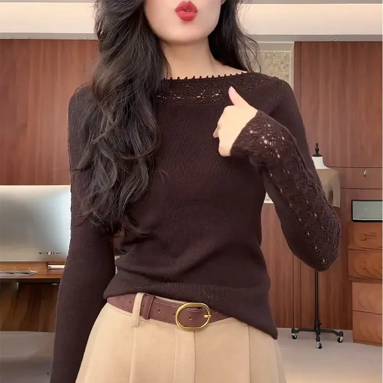 高级感镂空针织衫女士2025秋冬新款修身显瘦内搭一字领打底衫上衣