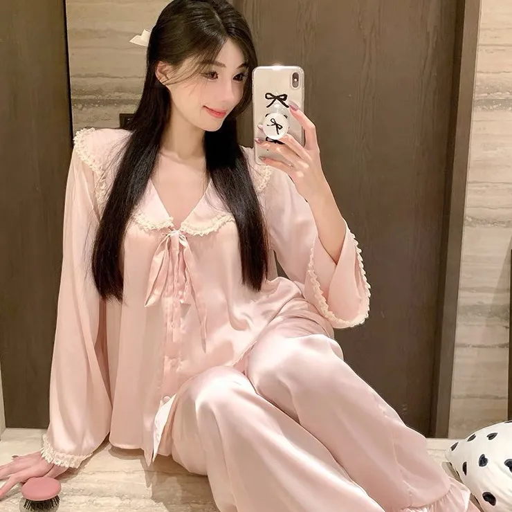 【春日限定】睡衣家居服春夏款女款可外穿亲肤柔光锻面翻领长袖长裤