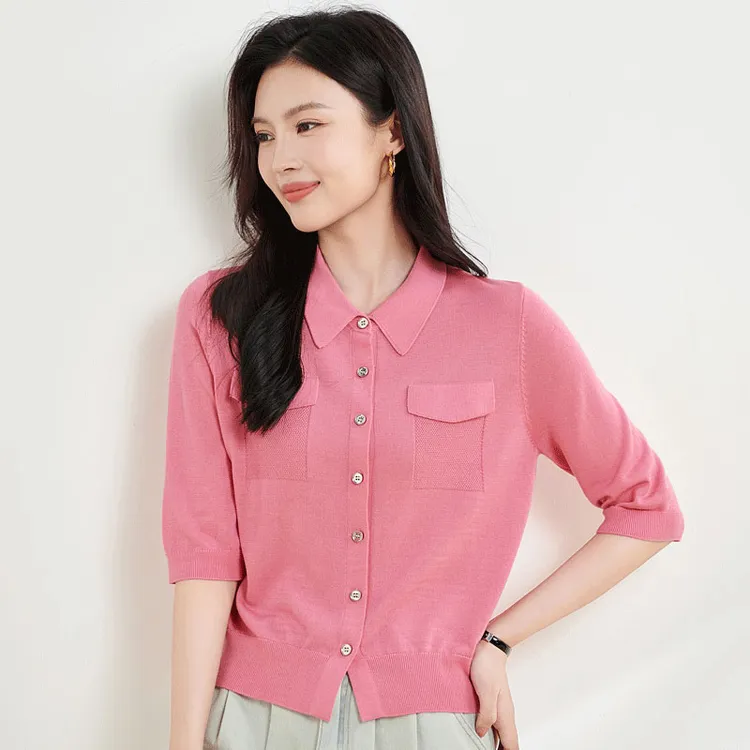 宝迪莱丝2025早秋莱赛尔天丝针织衫女翻领五分袖纯色毛衣中袖毛衫