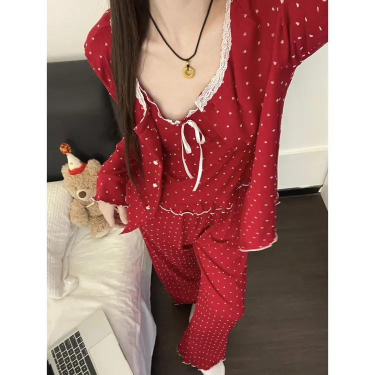 韩系美拉德穿搭纯欲性感吊带三件套睡衣女春秋新款大码休闲家居服