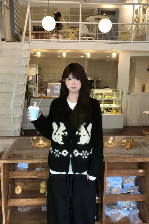 【8%羊毛加厚】韩系慵懒小松鼠提花毛衣宽松针织ins韩风开衫外套商品图