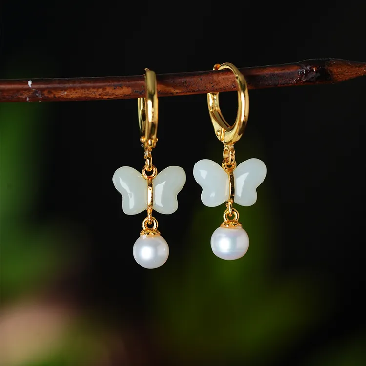 御臻珠宝｜和田玉｜蝴蝶银耳环女中国风复古高级感耳饰母亲节礼物