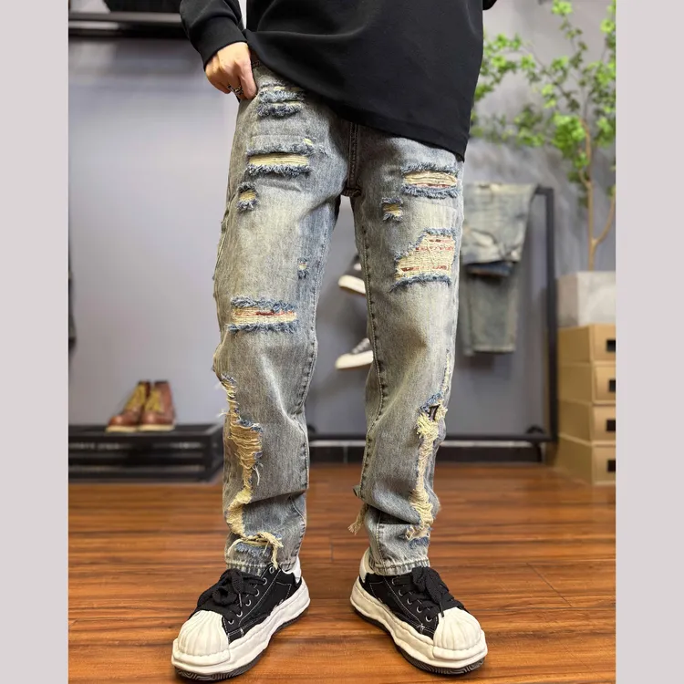 破洞印花秋冬水洗做旧无弹长裤牛仔裤复古拼接裤子美式高街C9023