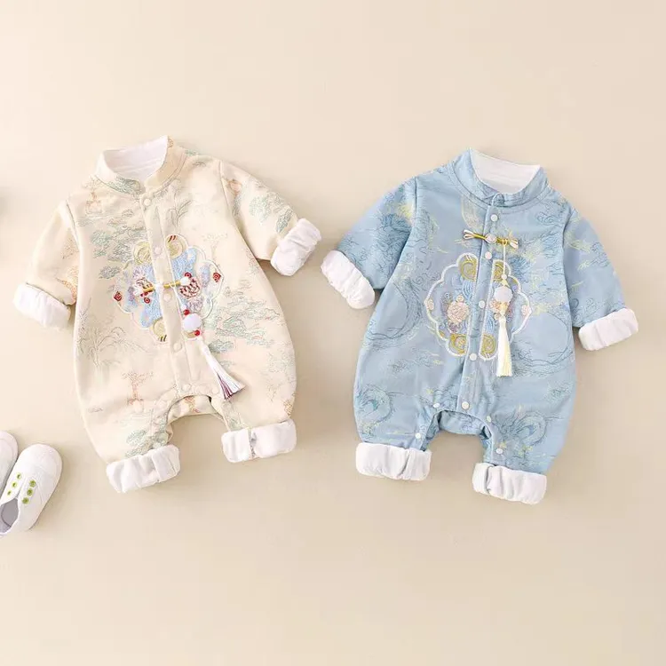 双层婴儿汉服新生儿连体衣春秋中国风男宝宝外出服满月服百天哈衣
