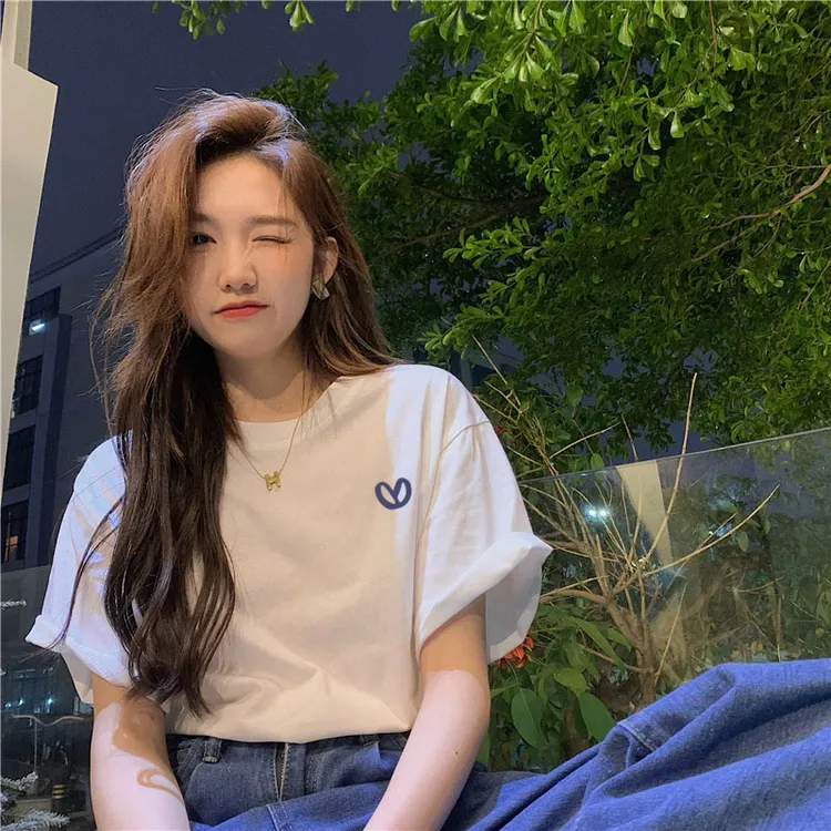 港风ins爱心卡通潮牌百搭t恤上衣洋气女装纯棉短袖情侣装半袖女t