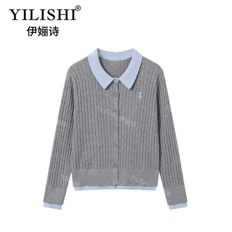 高级灰正肩popl领假两件简约衬衫拼接开衫英伦风针织开衫外套A24