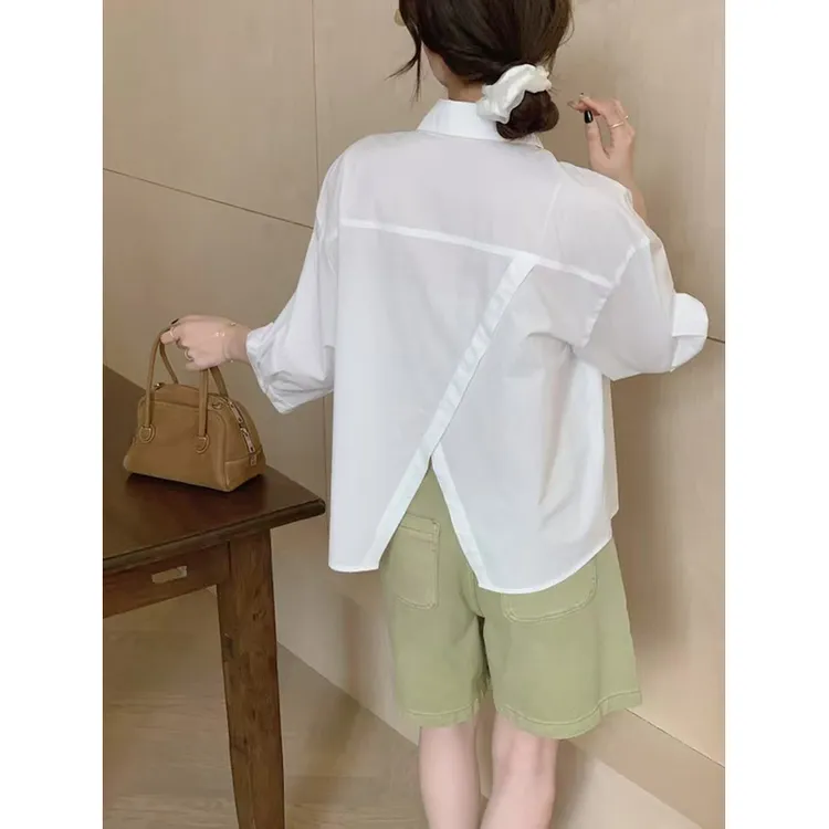 小清新后背开叉短袖衬衫女夏季2025新款上衣设计感女衬衣100127