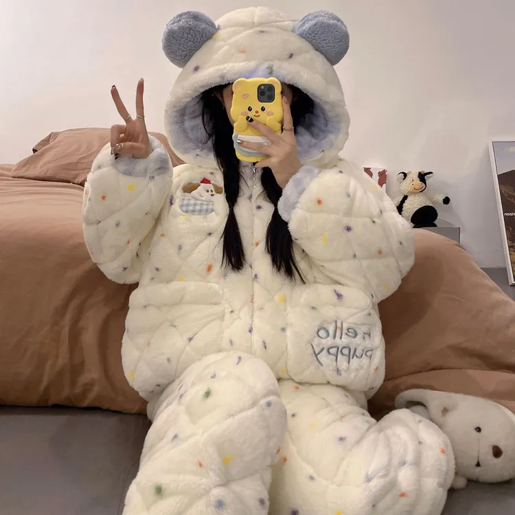 奥美诗嘉睡衣女三层夹棉秋冬季2025新款珊瑚绒加厚加绒家居服套装