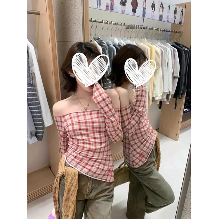 纯欲风辣妹一字肩红色格纹长袖T恤女早春小众设计感修身别致上衣