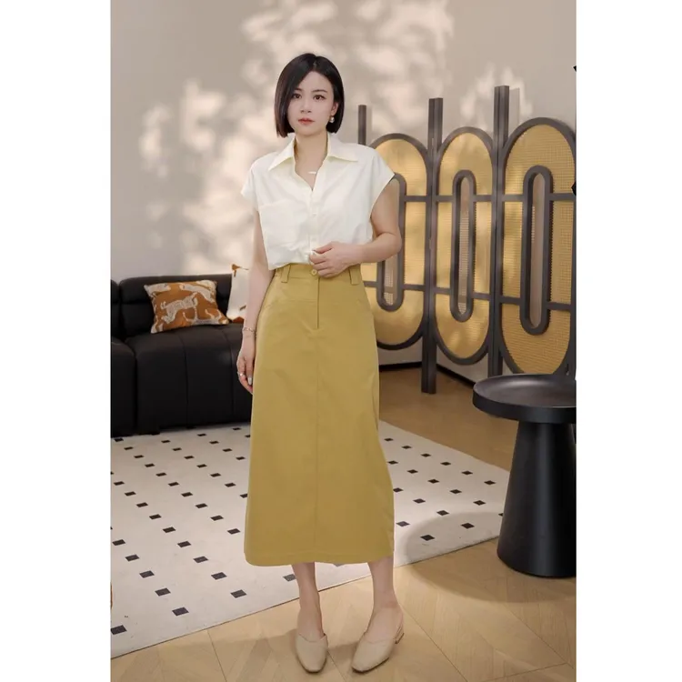 新款夏季超薄中空纱透气休闲气质中长款半身裙口袋开叉百搭高腰裙