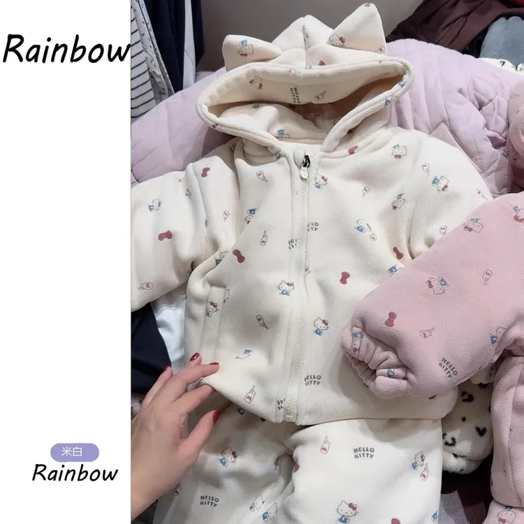 女童睡衣2025冬季新款儿童可爱卡通kt猫连帽耳朵上衣保暖裤子套装