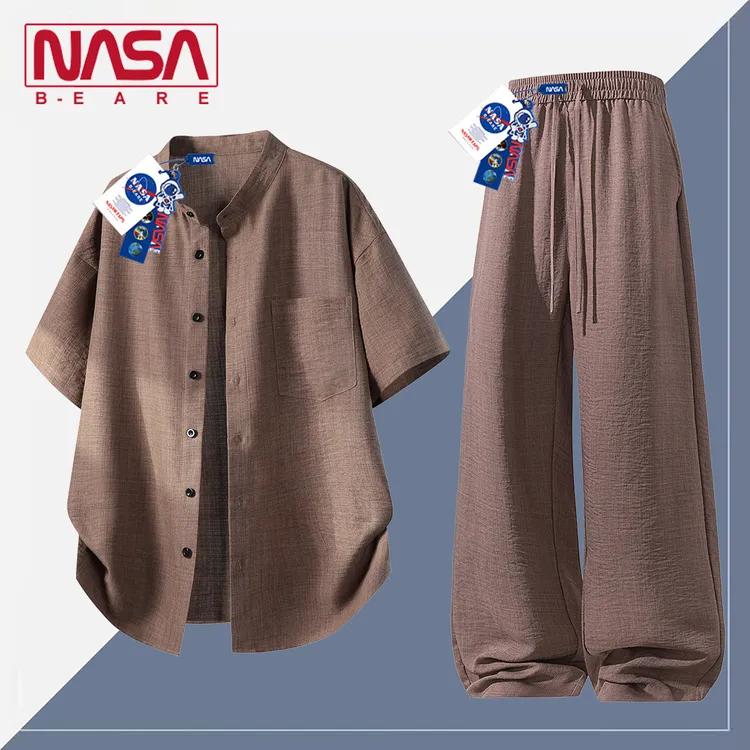 NASA联名高端老钱风冰丝套装男款夏季薄款短袖衬衫垂感裤子一整套