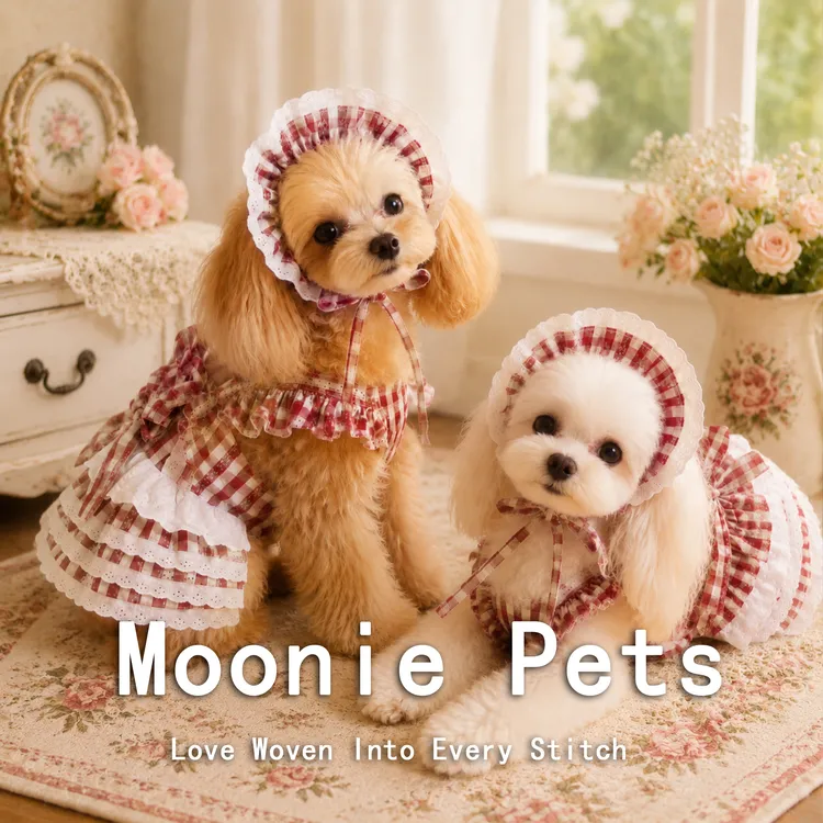 MooniePets狗狗衣服红白格纹洛丽塔吊带裙马尔济斯约克夏比熊西施