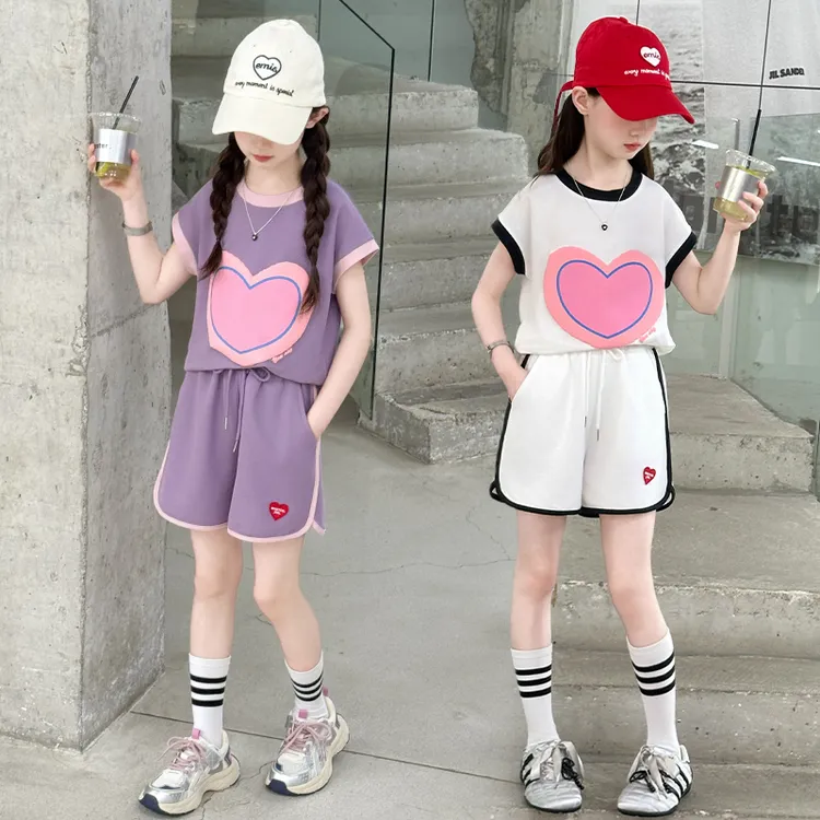 女童夏装套装2025新款薄儿童洋气针织爱心短袖时髦韩版短裤两件套
