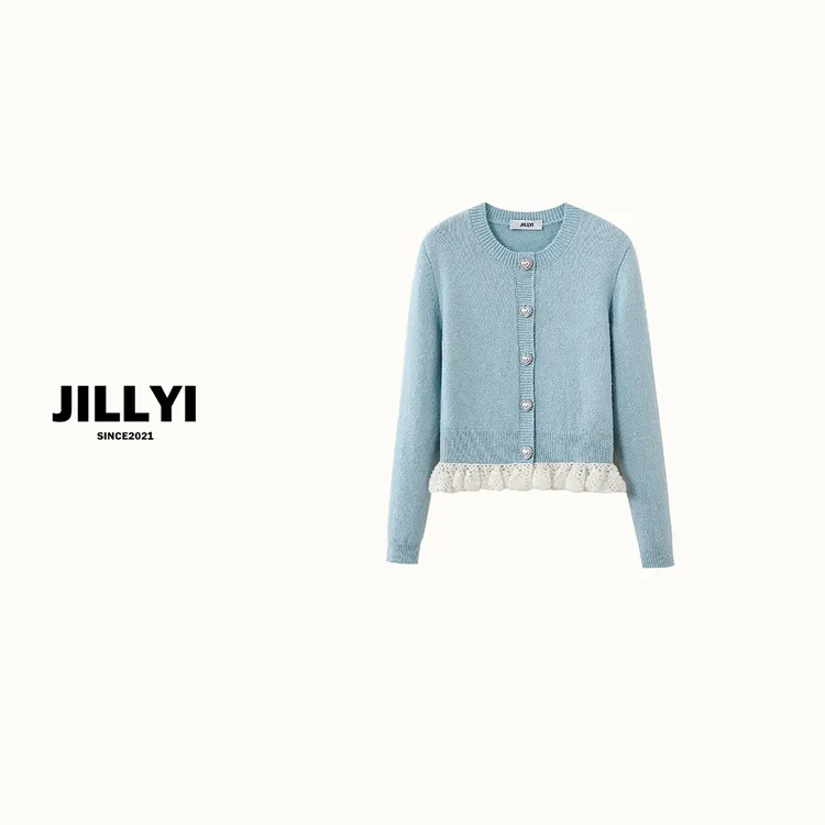 JILLYI珠海店【北海道天空】天空蓝圆领拼接白色蕾丝下摆时尚百搭针