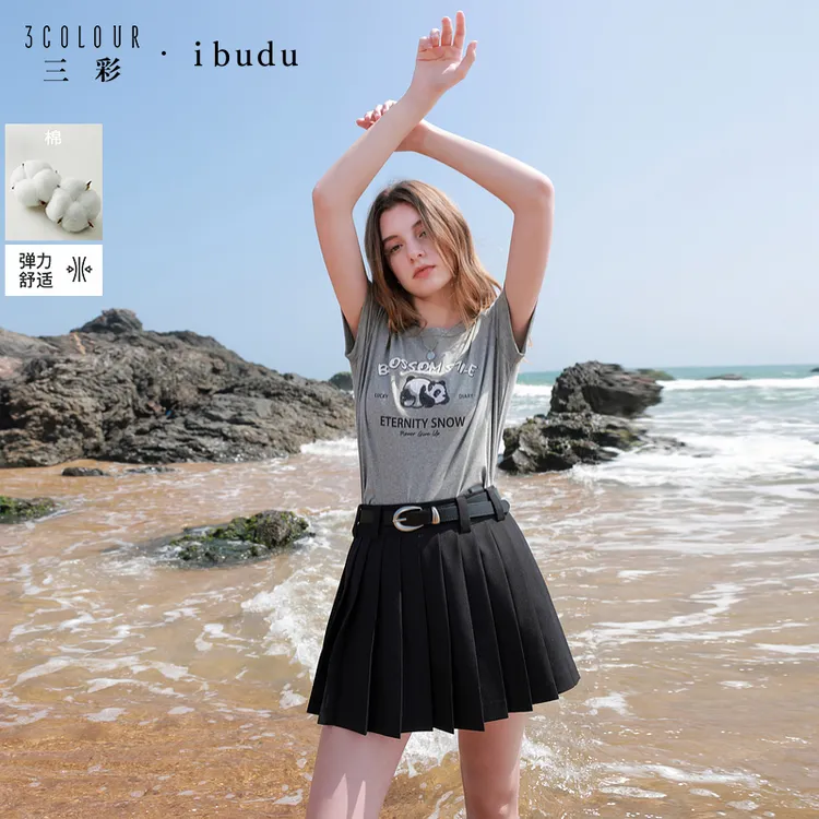 三彩ibudu2025夏季新款印花字母珠片绣熊猫T恤圆领正肩短袖套头衫