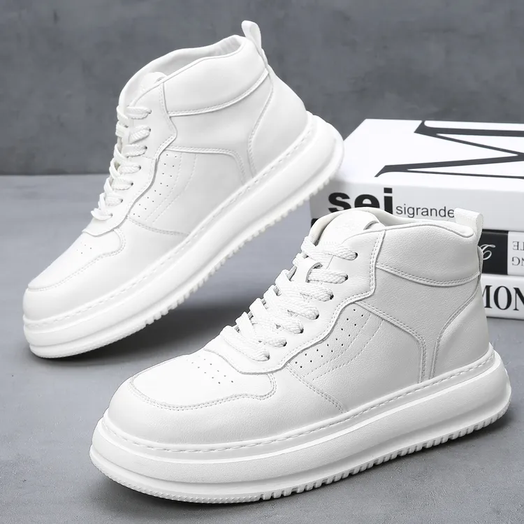 高帮男鞋2025年秋冬新款透气皮面休闲鞋男厚底增高舒适百搭小白鞋